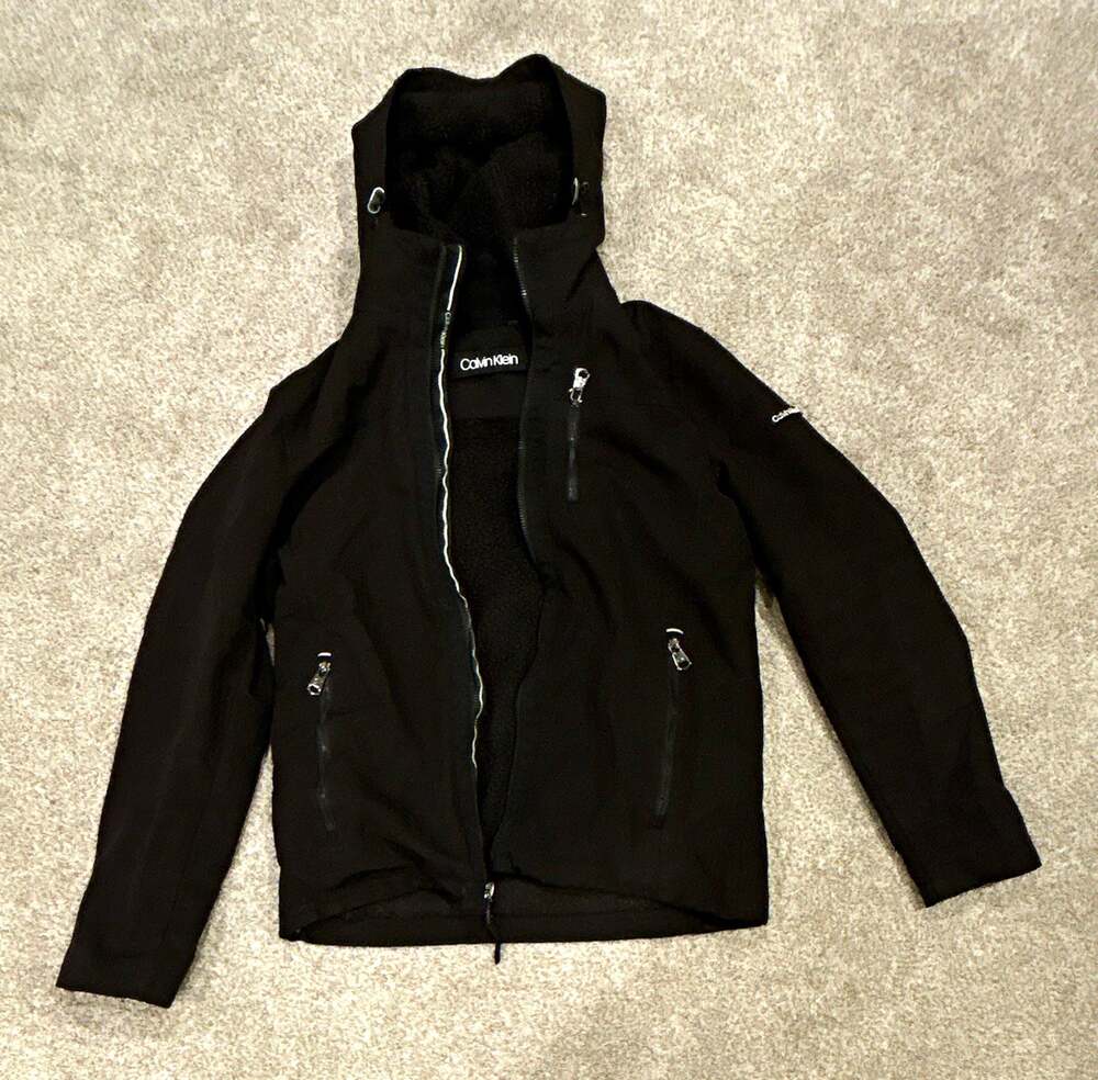Calvin Klein Black Sherpa Lined Hooded Softshell Jacket Full Zip size S